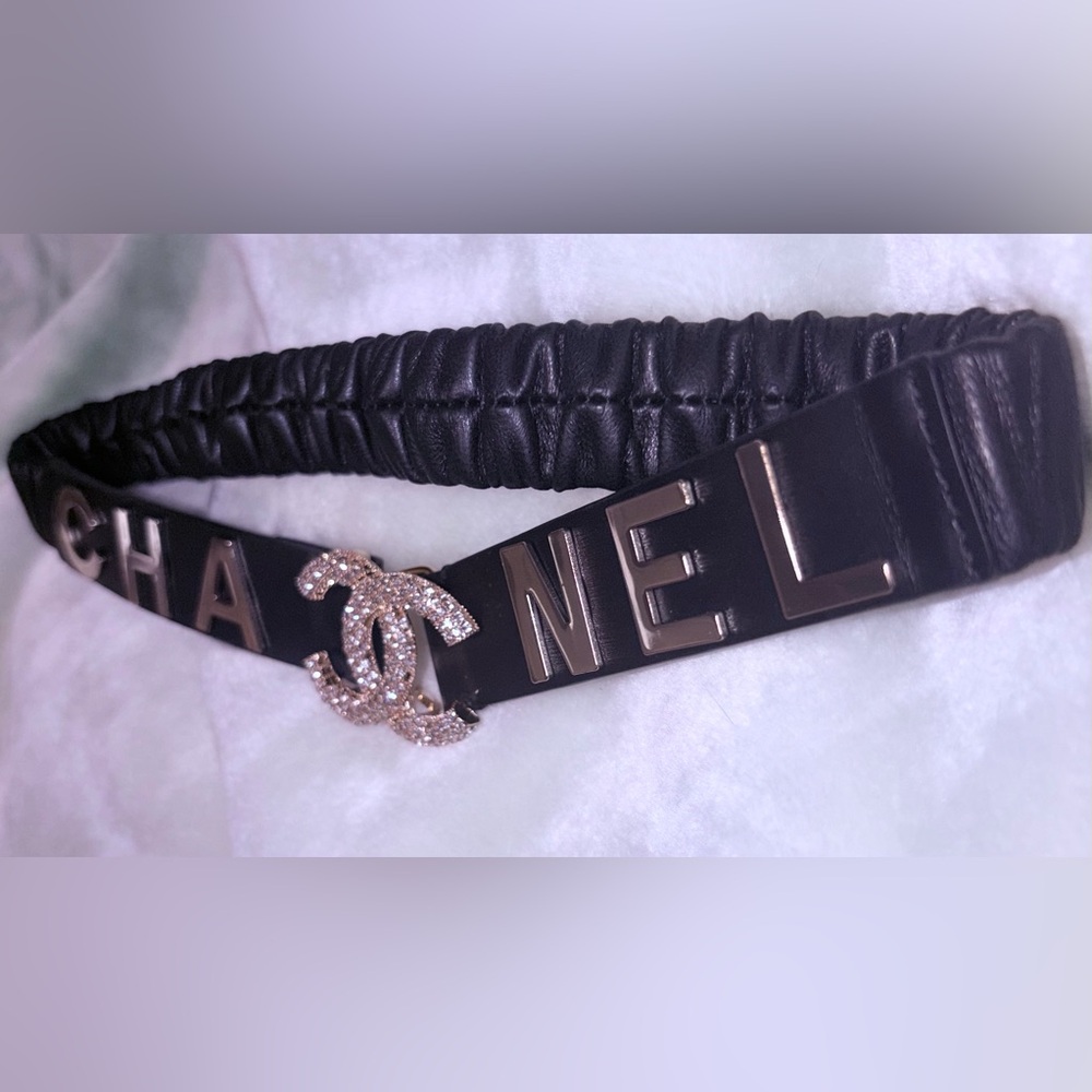 Gold CHA NEL Crystal interlocking CC Black Leather Scrunch Waist Belt & Box XS S - Picture 9 of 14